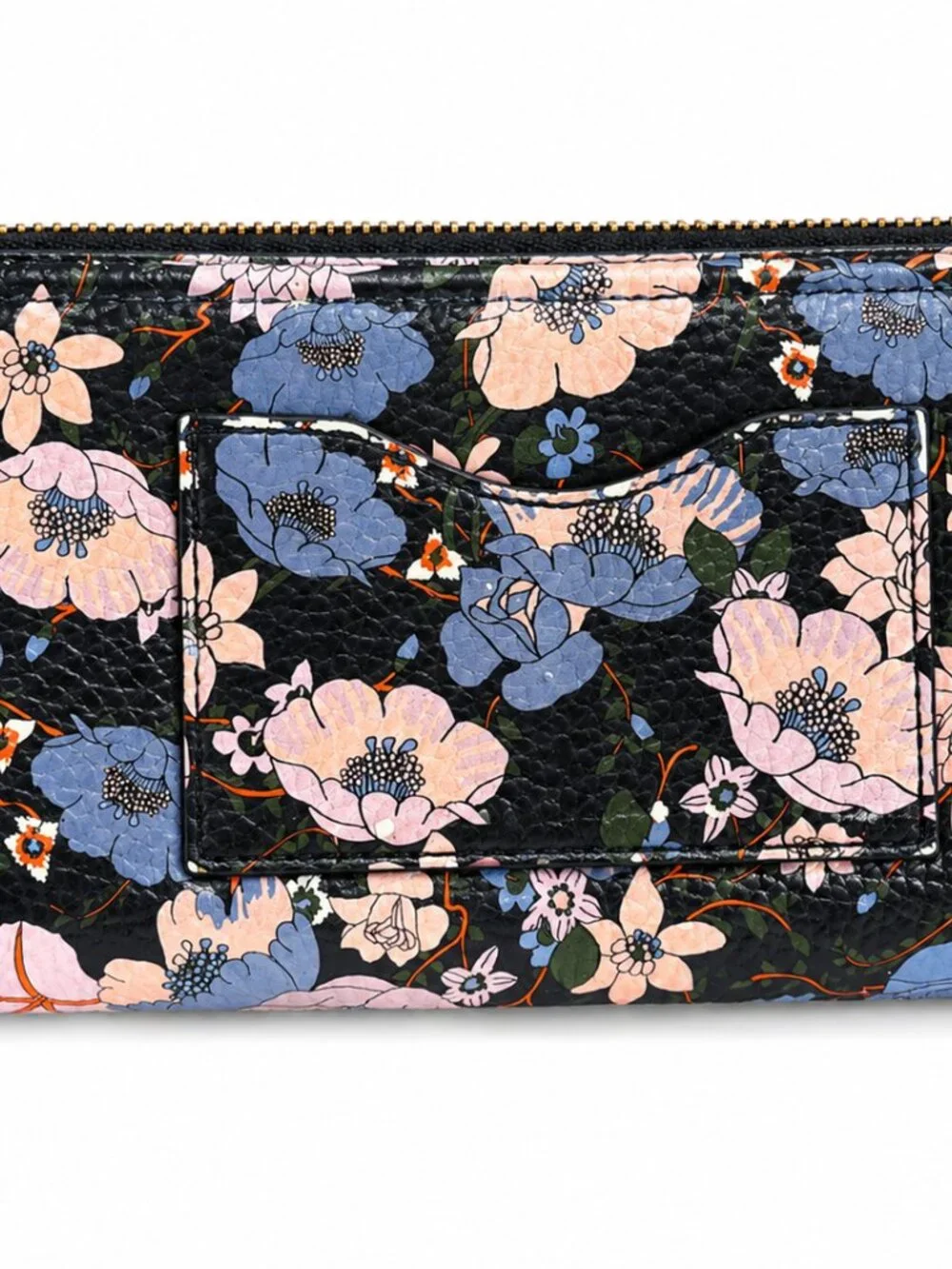 Tory Burch Thea Zip Black Continental Wallet with Blue and Pink Floral Design